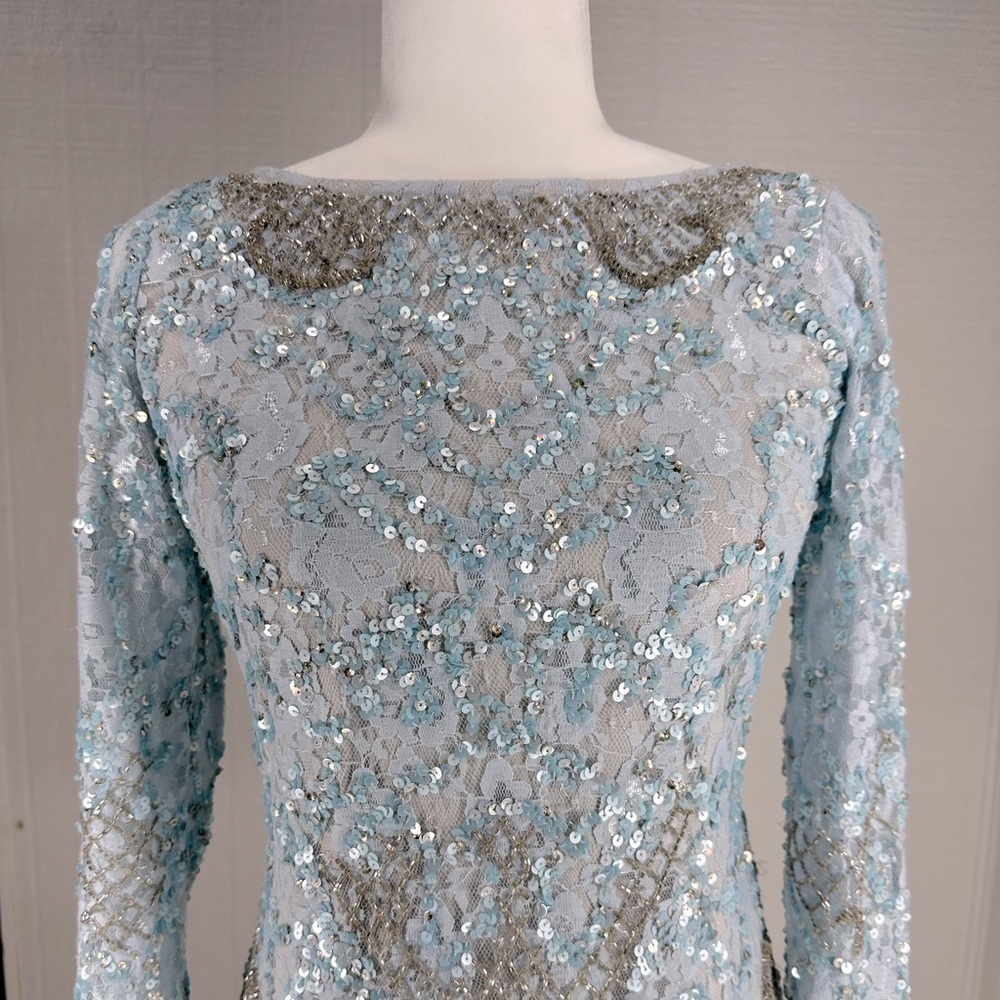 Aidan Mattox Pale Blue Embellished Long-Sleeve Mini Dress - Picture 3 of 15